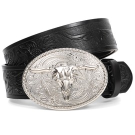 XZQTIVE Western Leather Belt for Men Women Cowgirl Cowboy Belt Country Belt Silver Buckle Tooled Leather Belt for Jeans
