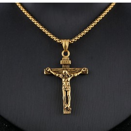 jonline24h Men Women Stainless Steel Jesus Crucifix Cross Pendant Necklace Chain Silver Gold Black (Black)
