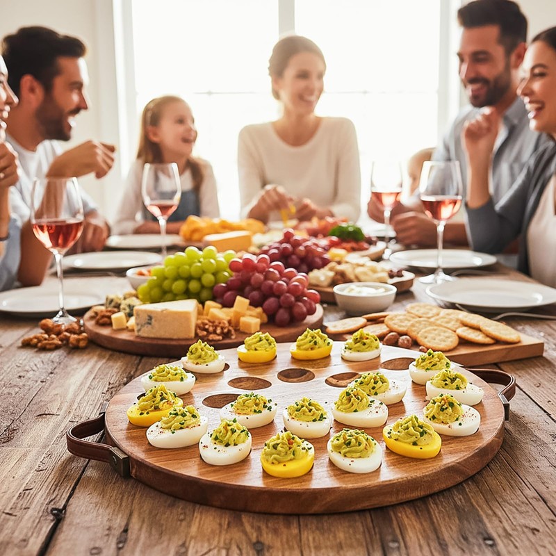 Hiceeden Acacia Wood Deviled Egg Platter with Handles for Easter,