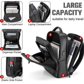 Tzowla Leather Laptop Backpack, Bag for Men and Women,Business Travel Work Rucksack Fits 15.6 Inch Laptop,Bookbag with USB and Type-C Charging Port-Black