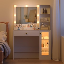 BORNOON Small Vanity Desk with Mirror and Lights, Makeup Vanity Desk with Adjustable Brightness 3 Light Modes, RGB Storage Cabinet, Power Outlet, Drawer, Shelves, Vanity Table for Women Girls Bedroom