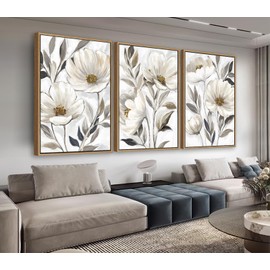 yearainn Floral Framed Wall Art - Beige White Flower Canvas Pictures Wall Decor Modern Blossom Painting Artwork Elegant Botanical Prints Living Room Home Decor Natural Wood Frame 24 x 16in * 3