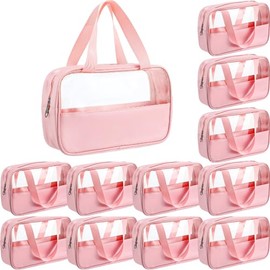Buryeah 12 Pcs Translucent Make up Bag Toiletry Organizer for Women Men Waterproof Portable Cosmetic Travel Bag with Hanging Handles Travel Storage Carry Pouch, 10.2 x 6.3 x 2.8 Inches (Pink)