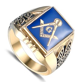 ANIEJUFI Men's Stainless Steel Gold Plated Freemason Masonic Rings Blue Master Mason Signet Biker Band, Metal, No Gemstone