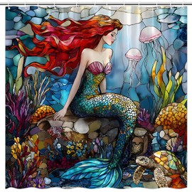 FAXTOZ Nautical Mermaid Shower Curtain Stained Glass Underwater Ocean Coastal Coral Jellyfish Sea Turtle Abstract Marine Life Polyester Bathroom Curtains Set with Hooks 70"x70"