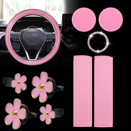 10 Pcs Car Accessories Set, Include Safety Belt Shoulder Pads Seatbelt Covers Cup Holders Bling Start Button Ring Sticker Air Vent Clip, Cute Car Accessories(Pink)