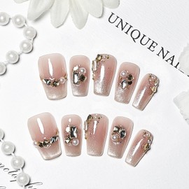 JODSONE Press on Nails Pink Glitter Square Cat Eye Handmade 3D Fake Nail Tips Reuseable Fashionable Design Long Lasting Fit Easy to Create Exquisite Fingertips- Medium