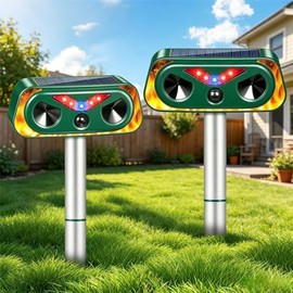 Upgraded Solar Animal Repellent Ultrasonic Outdoor Cat Deterrent Deer Repellent Devices,Waterproof Dog Repeller with Motion Sensor,Flashing Lights,Scare Squirrels Rabbits Raccoons Skunks Garden,2 Pack