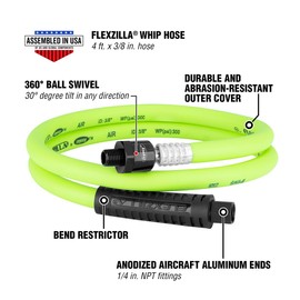 Flexzilla Swivel Whip Air Hose, 3/8 in. x 4 ft. (1/4" MNPT Ball Swivel x 1/4" FNPT Ends), Heavy Duty, Lightweight, Hybrid, ZillaGreen - HFZ3804YW2B