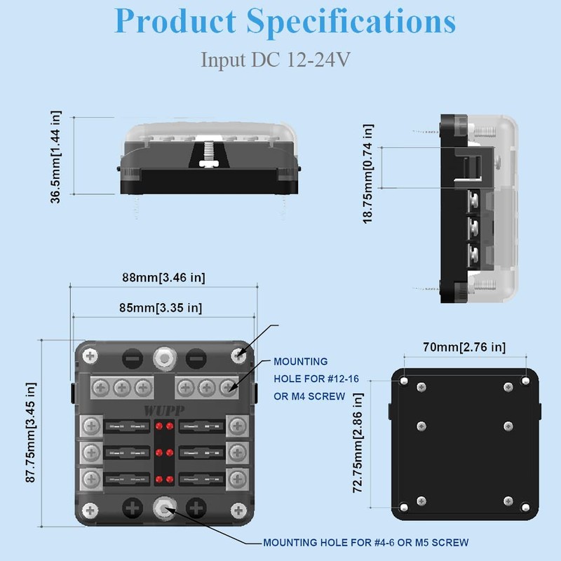 WUPP 12 Volt Fuse Block, Waterproof Boat Fuse Panel with