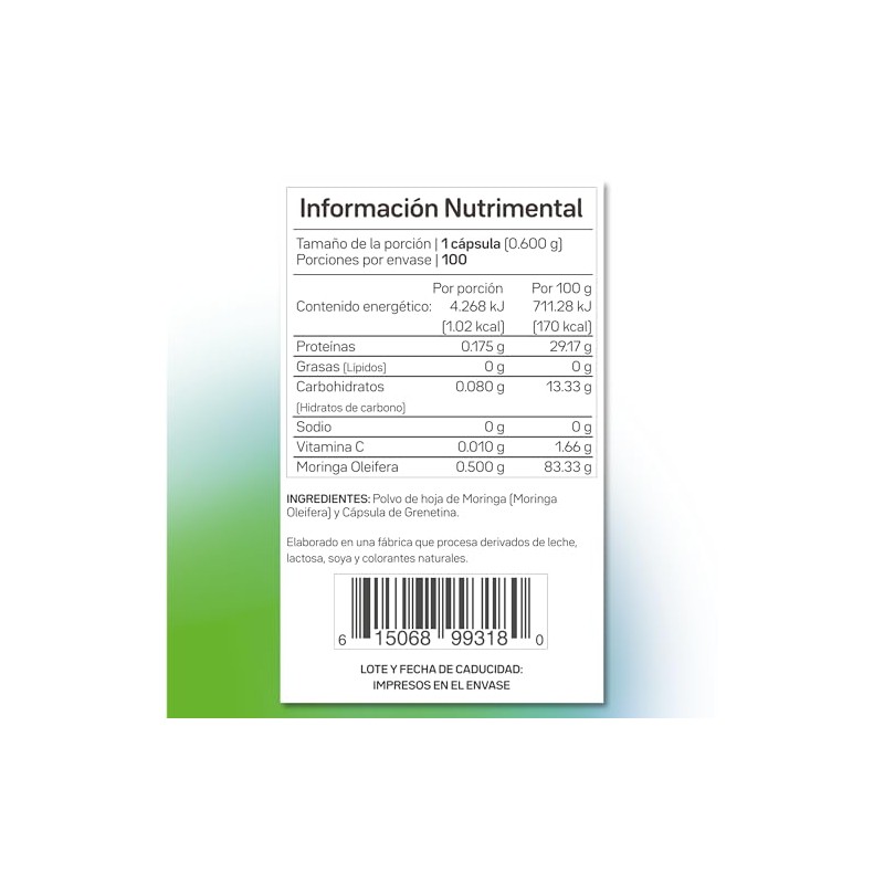 Primetech Nutrition Moringa Orgánica, 100 Cápsulas 500 Mg