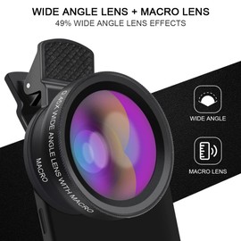 Universal Lens Kit for Phone Cameras, Wide Angle/Macro Lens, Universal Clip and Lens Cleaning Bag, Compatible with Most Smartphones (Black)