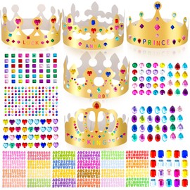 MGZTTHW Gold Paper Crown Set for Kids, DIY Crown Kit with Jewels Gem Number Letter Stickers for Birthday Party Decor and Craft Projects, 15 Pcs Adjustable Crown Hats in 5 Styles