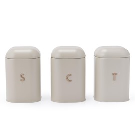 Salter Pebble Tea Coffee Sugar Canister Set – Countertop Storage Tins, Kitchen Worktop Containers for Dry Goods, Carbon Steel Labelled Canisters, Powder Coated Caddies, Stone/Brass BW13729OEU7