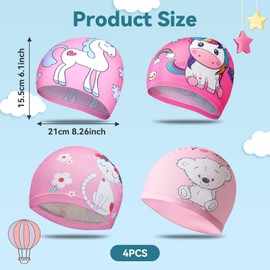 ZHITENG Pack of 4 Girls' Swimming Caps, Soft Polyester Printed Swimming Caps, Unicorn Swimming Cap with Non-Slip, Tear-Resistant Swimming Cap, Waterproof Swimming Cap, for 4-10 Boys and Girls, Long