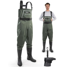 Calamus WaveWalker Fishing Waders for Men & Women, 100% Waterproof PVC Chest Waders with Slip-Resistant Boots, Tear-Resistant Nylon, Ample Storage, Wader Hanger, Military Green, 13
