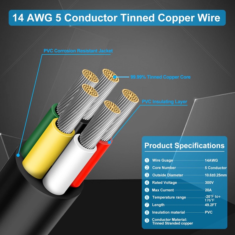 RESHAKE 14 Gauge 5 Conductor Wire,49.2FT 14/5 Tinned Copper 5