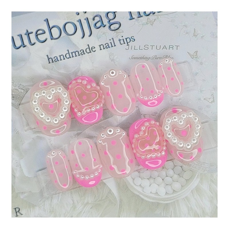 Pearl dot handmade nail tips - Oval L / 진주