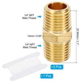 PATIKIL Brass Pipe Fittings Coupler Set, 5Pcs 1/4" x 1/4" NPT Male Thread Brass Hex Nipple Coupling Reducer Adapter Tubing Connector Adaptor with PTFE Tape for Water, Air, Oil, Gas Line