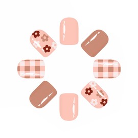 MERVF Square Press on Nails Short Fake Nail Light Brown Glue ons Checkered Design Acrylic Flower Squoval Fall Autumn Manicure 24pcs Glossy