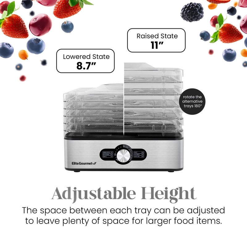 Elite Gourmet EFD3321X Food Dehydrator, Stainless Steel Trays Adjustable Temperature