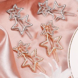 Star Hair Clips Pins, 4PCS Star Hairpin Hair Barrettes Elegant Metal Hair Clips Rhinestone Hairpin, Silver Golden Hollow Geometric Hair Pins for Women Girls Lady Thick Hair Styling Accessories