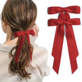 2PCS Wine Red Hair Bows Solid Satin Polyester Ribbon Bow Hair Clips Ponytail Big French Hair Barrettes with Long Tail Wedding Dress Decor Hair Accessories for Women Toddler Teen Girls