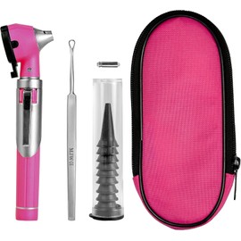 Mini Pocket Pink Fibreglass Otoscope for Adults Children with Extra Replaceable LED Light and Stainless Steel Earwax Removal Tool