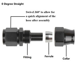 YSIL 6AN Female PTFE Hose End Fitting Swivel Straight Hose Adapter Only Fit for PTFE Fuel Line Hose Aluminum Black 2PCS
