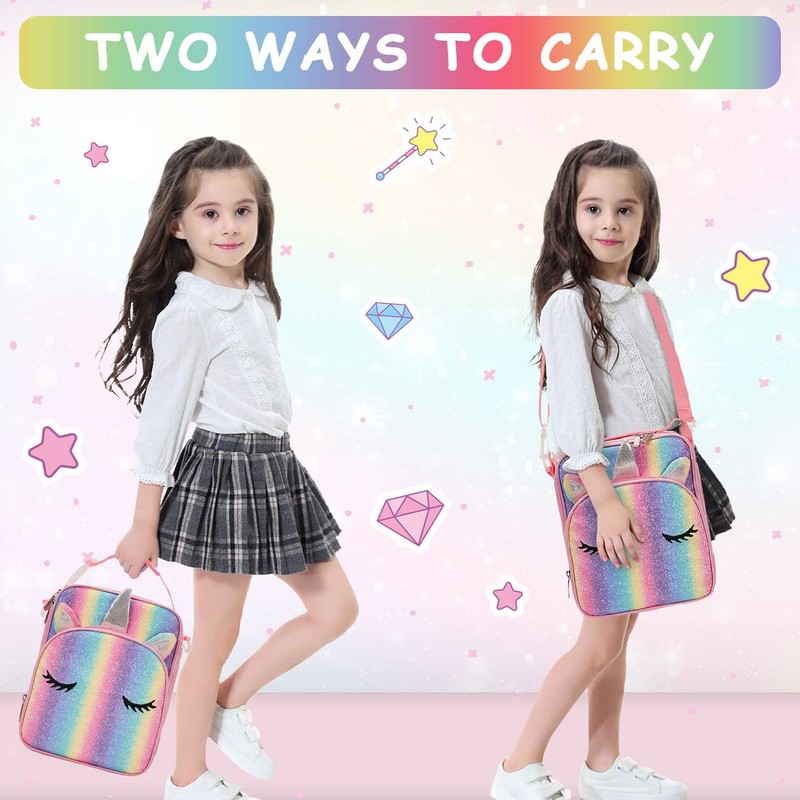 VASCHY Unicorn Lunch Box Bag for Kids, Insulated Reusable Glittery