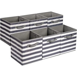 Collapsible Fabric Storage Cubes Organizer with Handles, 10.5"x10.5"x11", - Pack of 6 - Color: White/ Light Grey Stripe, Size: 10.5"x10.5"x11"