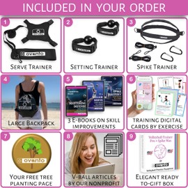 OVANTO Volleyball Training Equipment Aid – Adjustable Practice Hitting Rebounder with Ultra-Stretch Neoprene, Exclusive Elastic Cords & Premium Content, Improve Power, Speed & Technique at All Levels