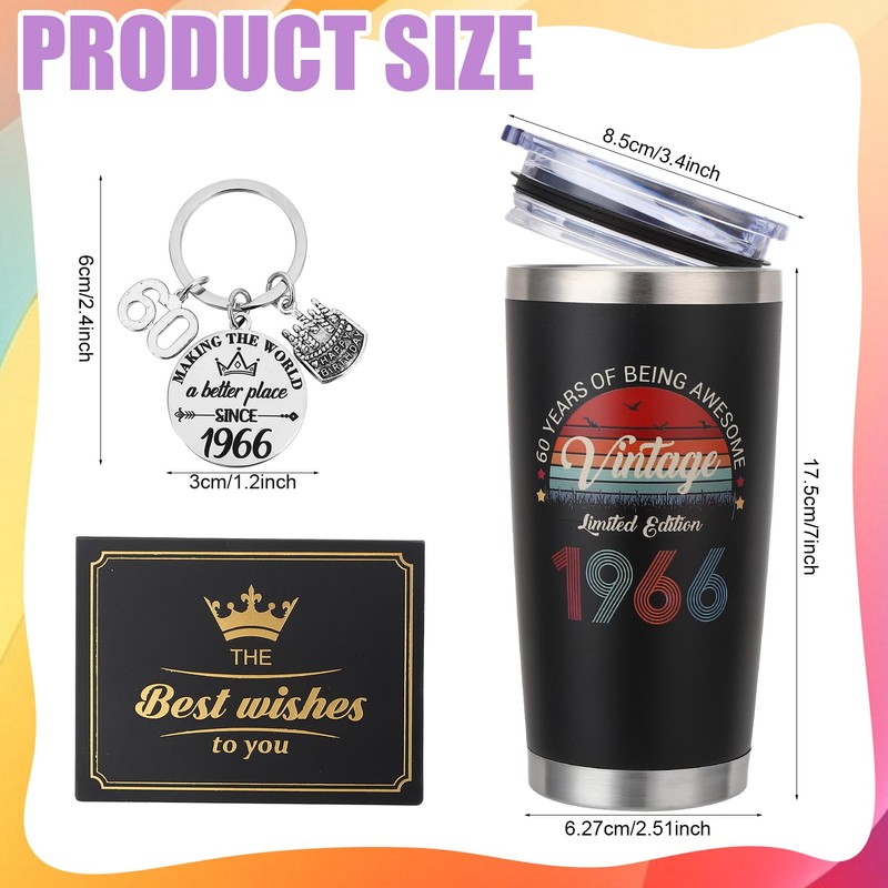 saerryor 60th Birthday Gifts for Men Women,20oz Insulated Tumbler Keyring