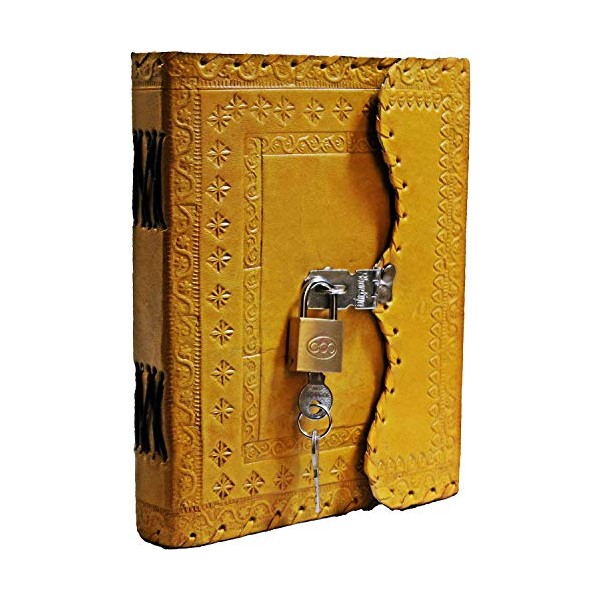 Tuzech Leather Journal Large Writing Notebook - Handmade Leather Bound Vintage Journal For Women and Men with Lock And Key Gift For Art Sketchbook, Travel Diary To Write In 7 by 5 Inches (Yellow)