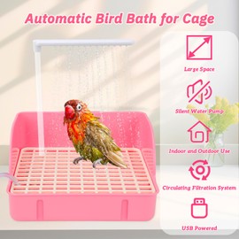 Automatic Bird Bath with Pump, Parrot Bathtub with Anti-Bite Cord Protector, USB Electric Large Bird Bathtub Circulating Water Bird Shower for Parakeet Cockatiel African Grey Lovebird(Pink)