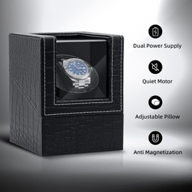 Mcbazel Watch Winder for Automatic Watches, Watch Winder Box PU Leather Carbon Fibre Watch Case with EU Plug - Black