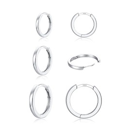 3 Pairs 925 Sterling Silver Hoop Earrings 14K White Gold Plated Small Huggie Earrings for Women, Cartilage Silver Hoops for Women Men (8 10 12MM)