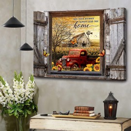 Farmhouse Canvas Wall Art Red Old Trucks Picture Kitchen Wall Decor Rustic Sunflowers Country Painting for Bedroom Bathroom Living Room Prints Artwork Framed 12"x16"
