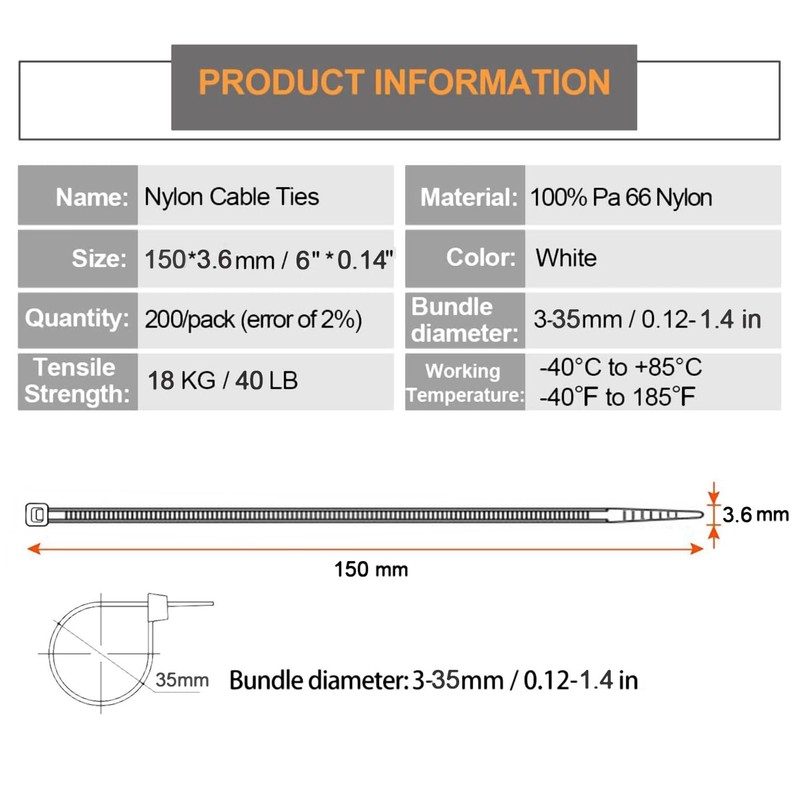 EMTSEB 200 Pack of White Cable Ties, 150mm x 3.6mm