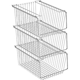 SANNO 14" Stacking Baskets Bin Wire Storage Baskets Organization Farmhouse Scoop Baksket for Pantry, Kitchen, Closets, Bathroom, Cabinets, Kitchen, Narrow, Set of 3