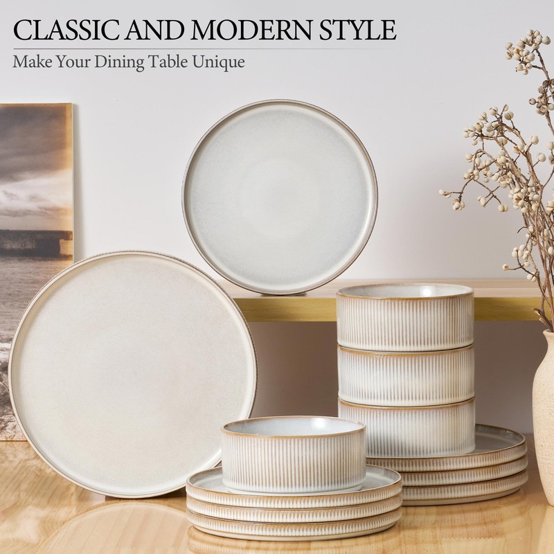 E-far Stoneware Dinnerware Sets, 18-Pieces Modern Plates and Bowls Sets,