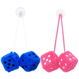 2 Fluffy Dice for Car, Retro Style Hanging Decor, Pink and Blue Furry Dice, Unique Car Accessories for Women, Fun Interior Ornament for Vehicle or Home