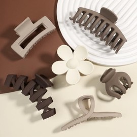 Flat claw clips for women，Banana combs，Banana Clips， Large Matte Finish Hair Claw Clips for Women, Nonslip Strong Hold Design, Brown and White, Plastic Hair Accessories, 6 Pack