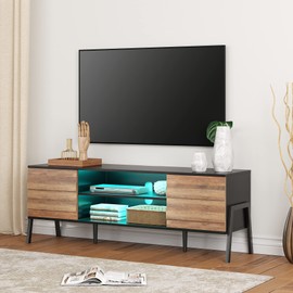 WAMPAT Mid Century Modern TV Stand for TVs Up to 65 Inch with 16 Color Changeable LED Light, Wood TV Console with 6 Storage, Entertainment Center in Black and Oak for Living Room Bedroom, 60 inch