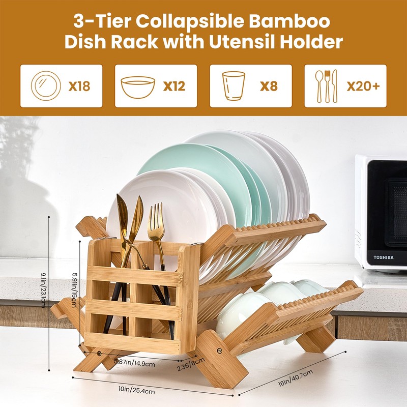 NOVAYEAH Bmaboo Dish Drying Rack for Kitchen Counter 3-Tier Collapsible