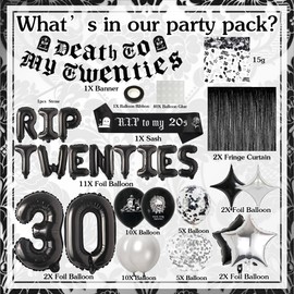 Rip 20s Birthday Decorations - Death to My 20s Decorations Set Includes Banner Tinsel Curtains Sash Confetti Latex Letters Star Number Balloons for Men Women Goth Themed 30th Birthday Party Supplies