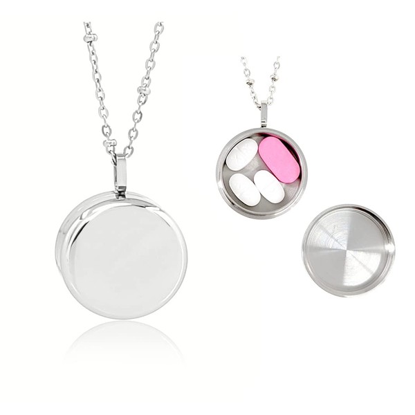 Round Pill Locket Necklace, Secure Closure Pill Box Jewelry, Holder