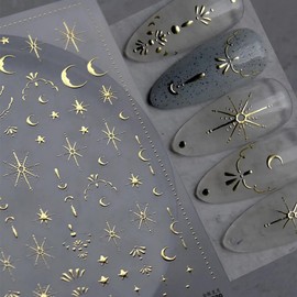 Moon Star Nail Art Stickers Decals 3D Gold Bronzing Nail Stickers Laser Star Moon Luxury Nail Design Self-Adhesive Nail Decals Manicure Sliders for Women Girls DIY Nail Art Decorations Supplies