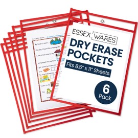 Essex Wares - 6 Pack, Red, Dry Erase Pocket Document Protectors, 10" Wide x 13.5" Tall - Dry Erase Clear Plastic Sleeves - Reusable & Easy Erase Plastic Invoice Holders, Water-Resistant & Durable