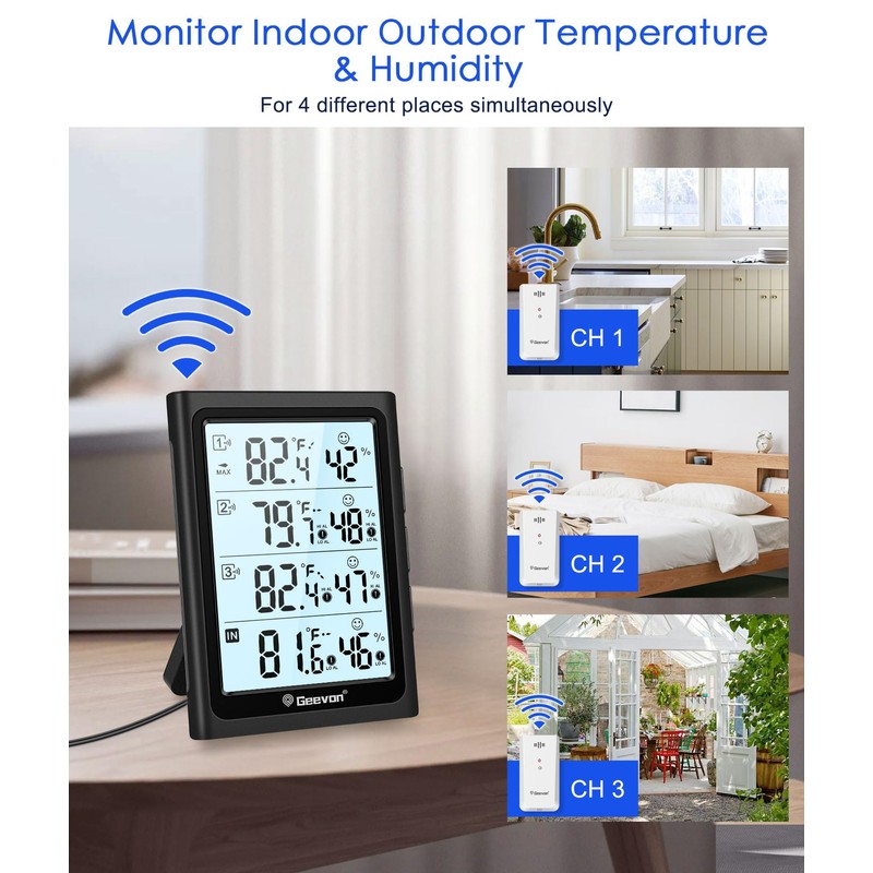 Geevon Weather Stations Wireless Indoor Outdoor Thermometer with 3 Outdoor